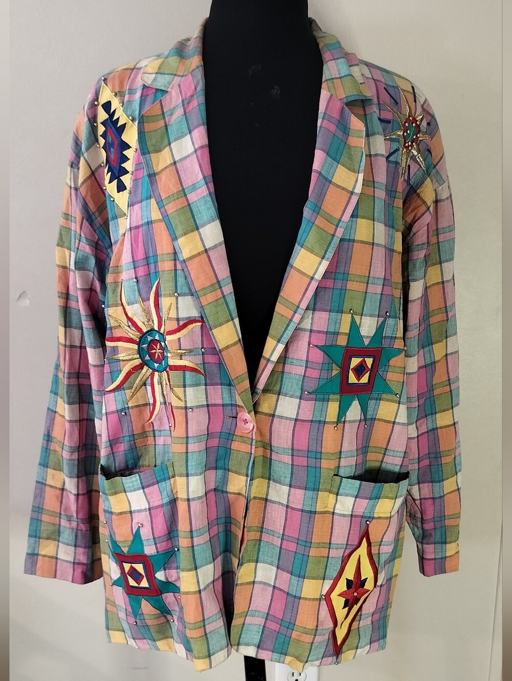 Pastel Plaid Embroidered Patch Blazer - Multicolor